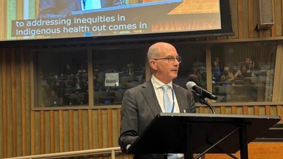 The head of the interim Australian Centre for Disease, Professor Paul Kelly, addressing the United Nations General Assembly.