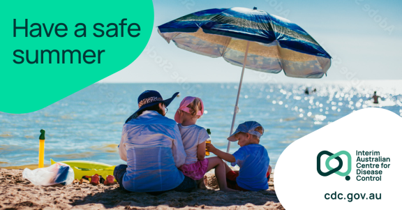 Image of people on the beach under an umbrella with the tagline 'Have a safe summer'