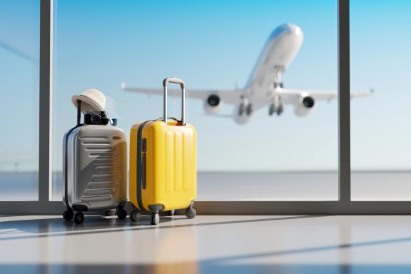 Image of 2 suitcases with a plane taking off in the background